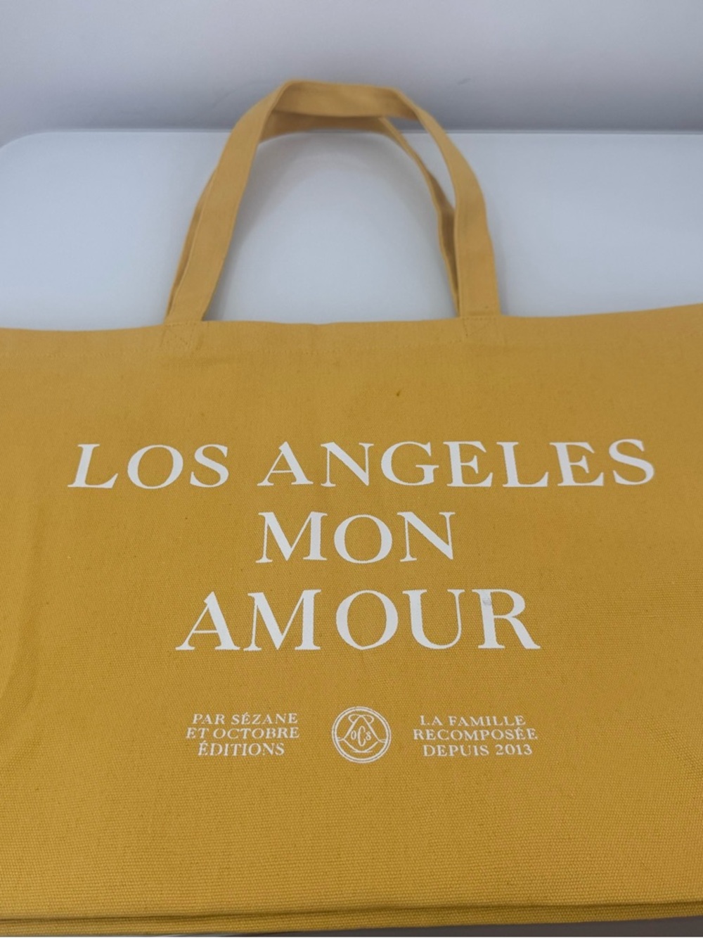 Sezane Mustard Yellow 'Los Angeles Mon Amour' Large Canvas Tote